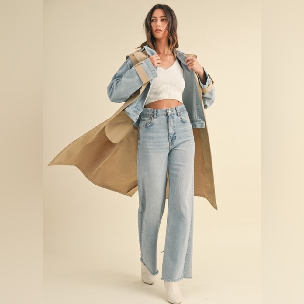 Layered Trench Coat with Denim Jacket Size M Tan Blue Outerwear Classic Neutral - Picture 6 of 12
